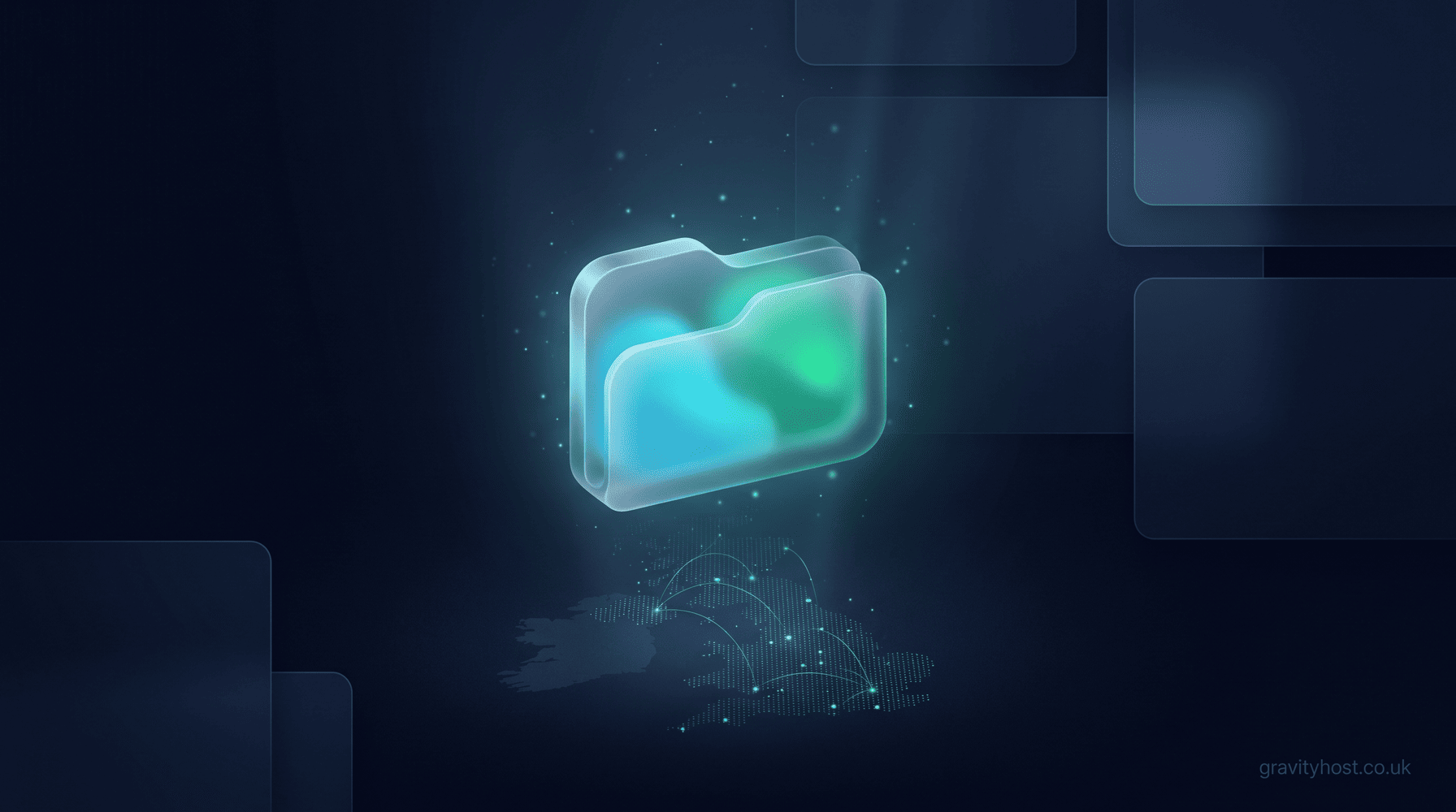 Glowing private cloud storage node over a UK map made of dots, on a dark navy Gravity Host background with cyan and emerald accents
