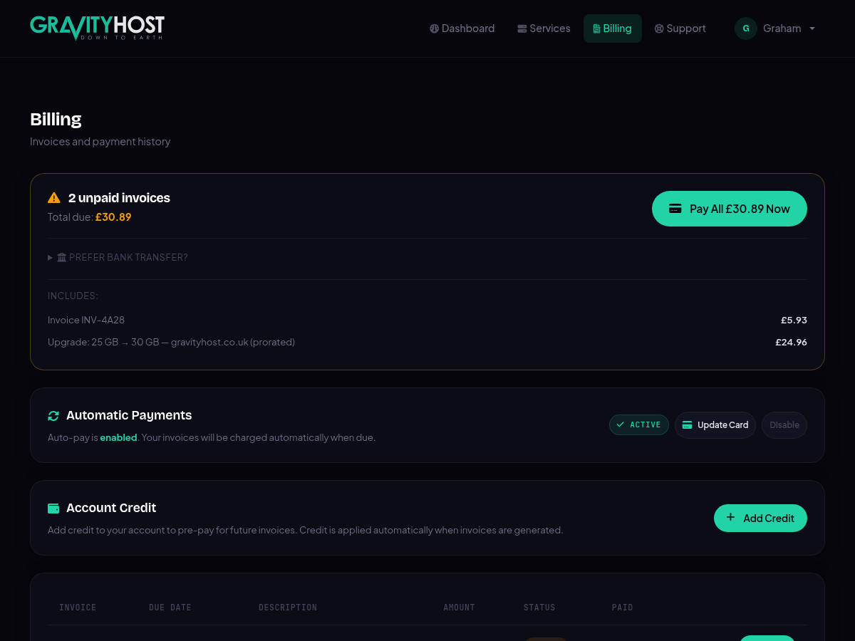 Gravity Host billing page