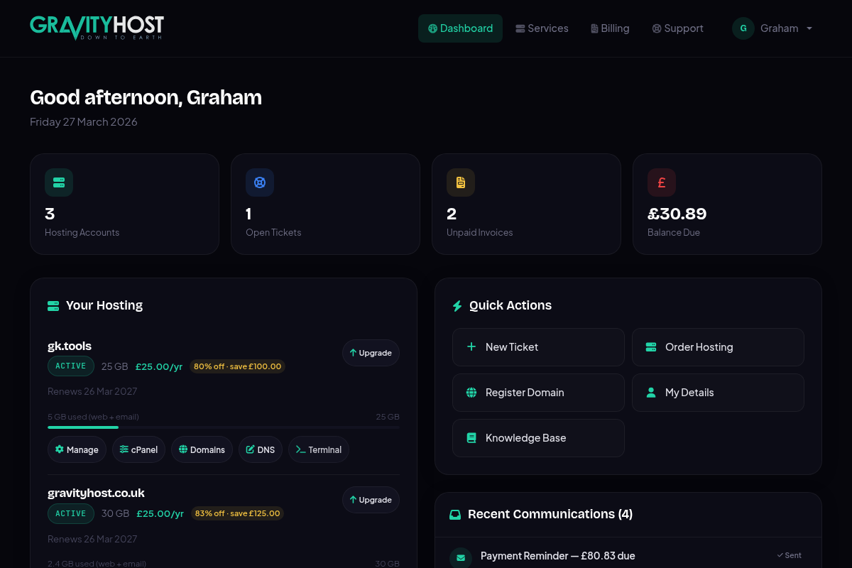 Gravity Host dashboard showing upgrade button