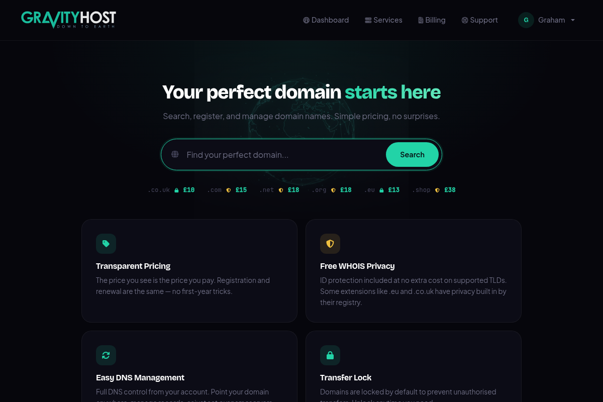Gravity Host domains page