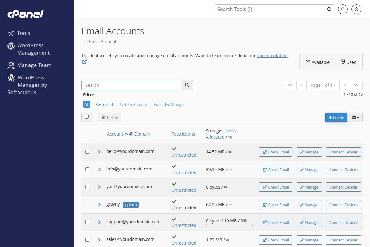 cPanel Email Accounts management