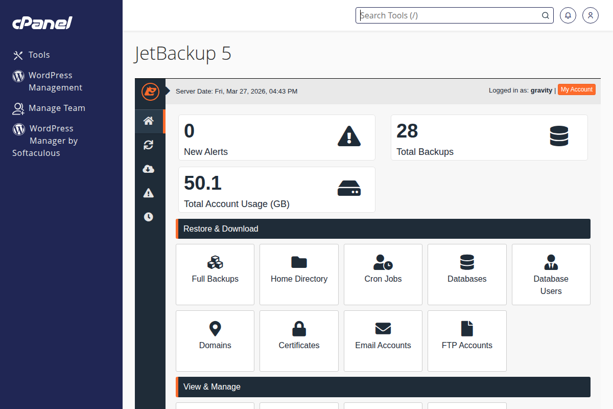 JetBackup 5 backup management in cPanel