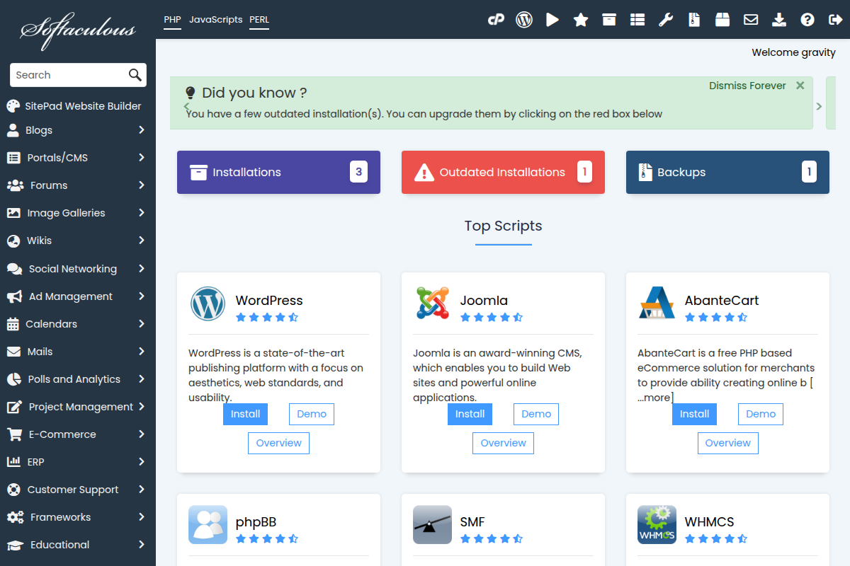 Softaculous WordPress installer in cPanel