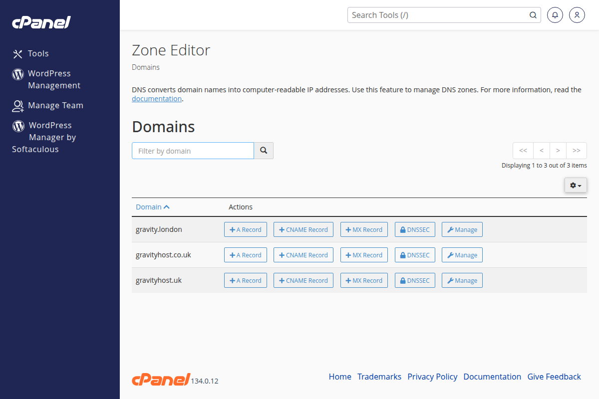 cPanel Zone Editor for DNS management