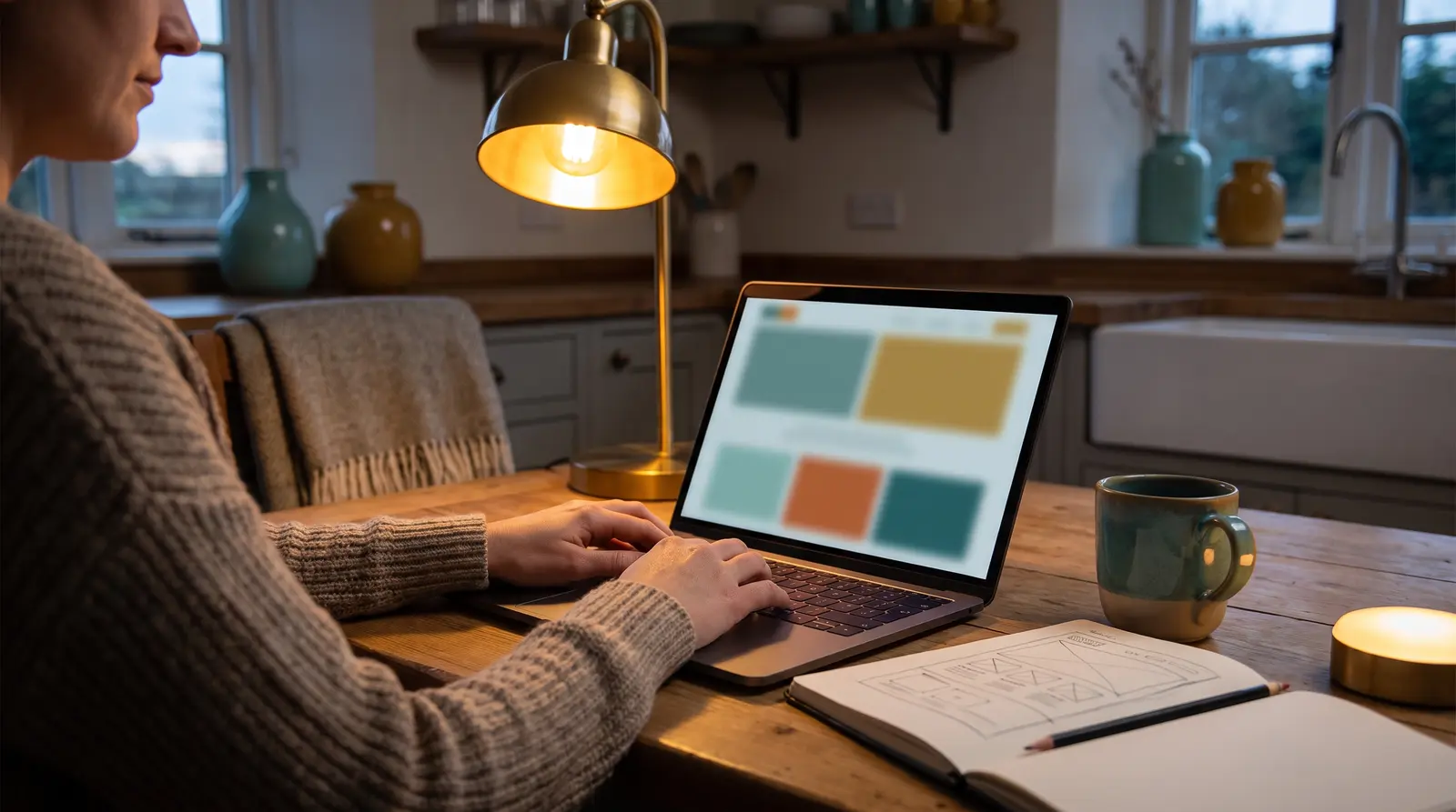 A person working on a laptop beside a notebook of website sketches and a desk lamp