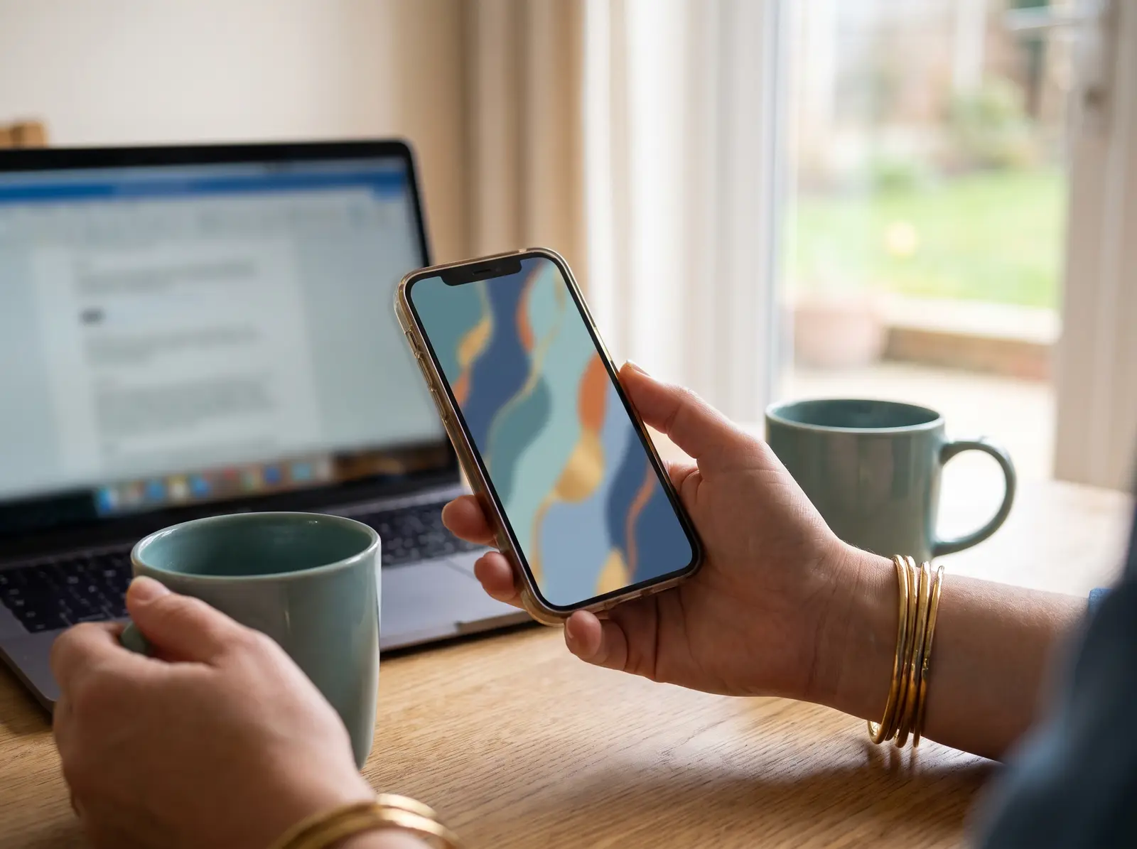 A person holding a phone beside a laptop and two mugs on a wooden table