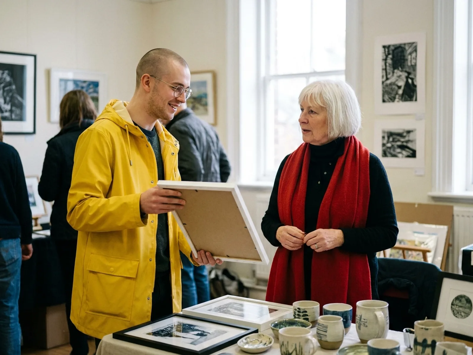 A visitor holding a framed print and talking with the artist at an art fair