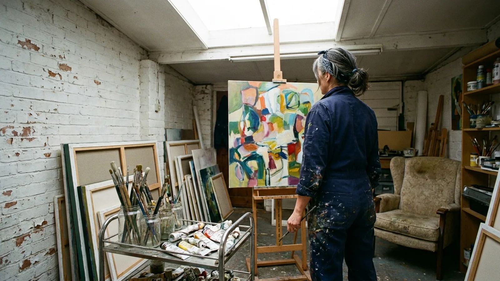 A painter standing back from a large canvas on an easel in her studio