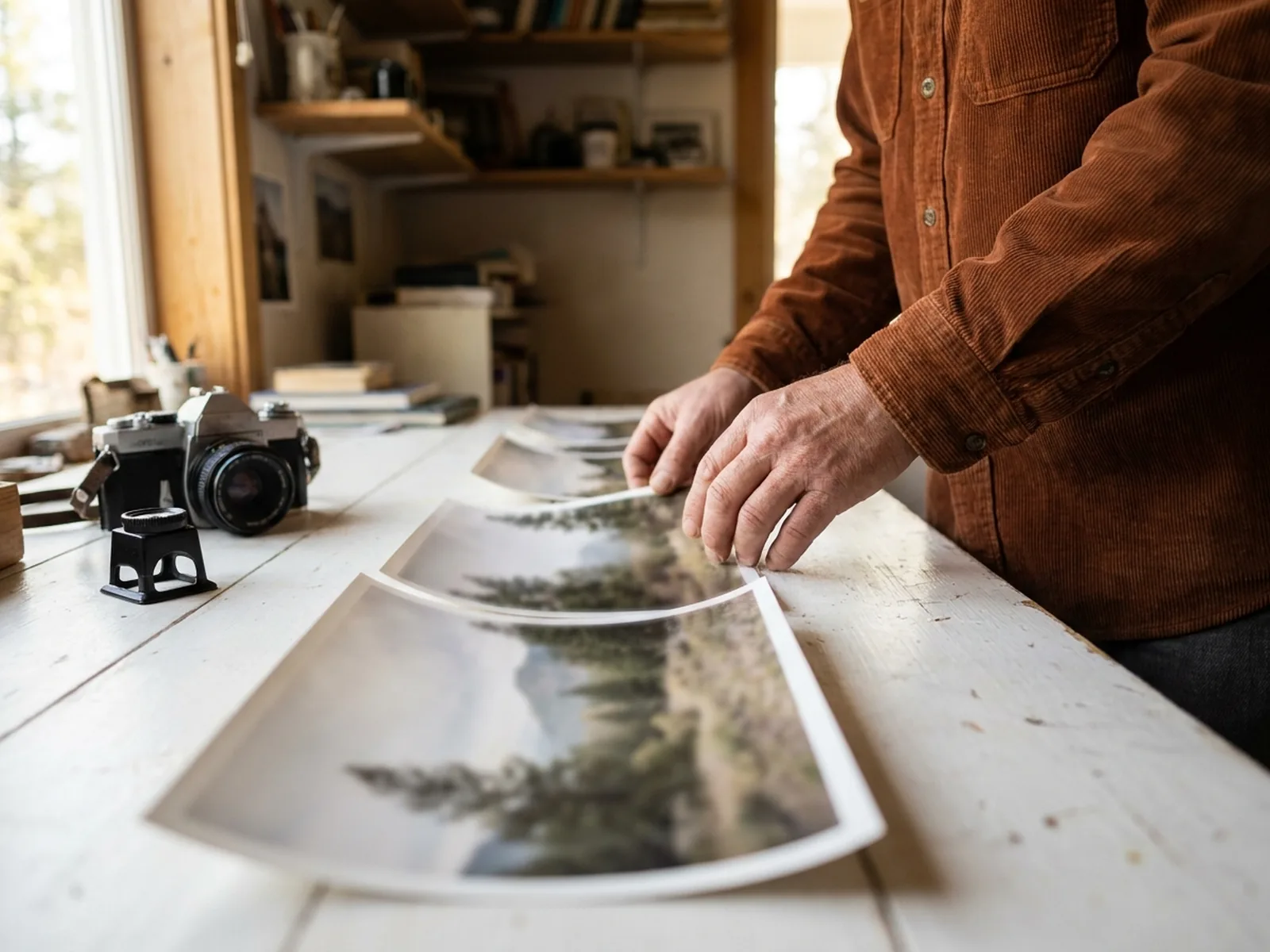 A photographer laying out printed photographs on a table beside a film camera
