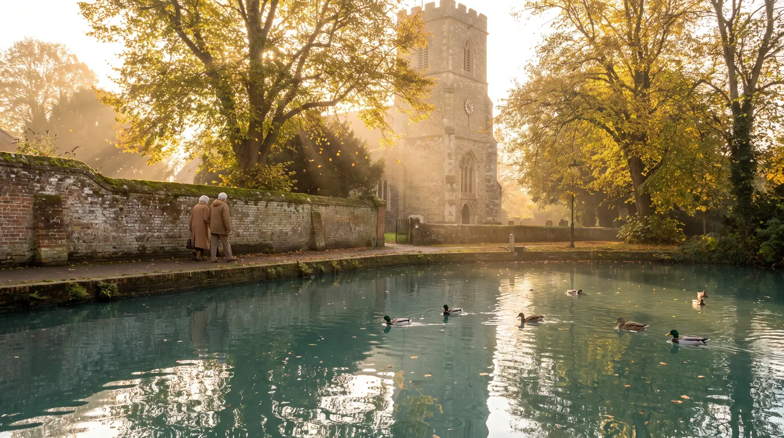 An illustrative village pond scene with ducks, autumn trees and a church tower