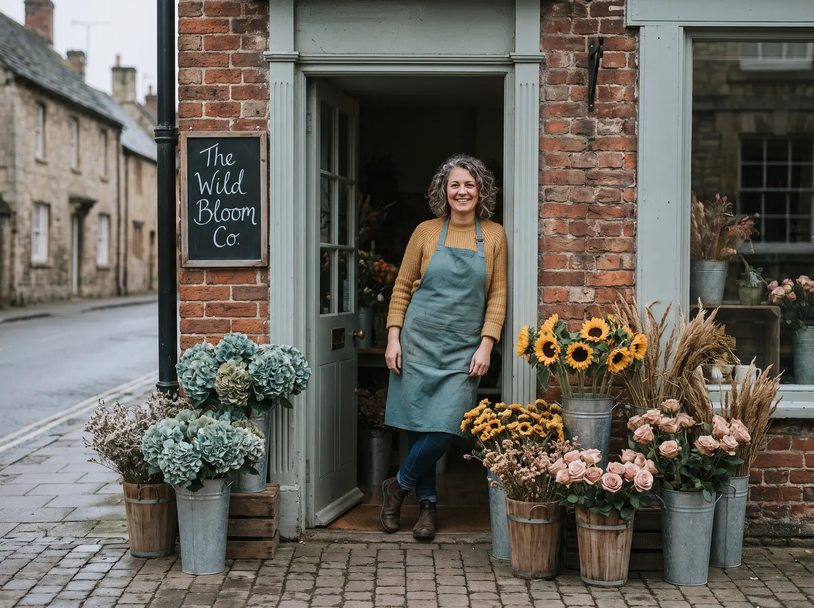 Illustrative scene of a florist standing in a shop doorway beside buckets of flowers