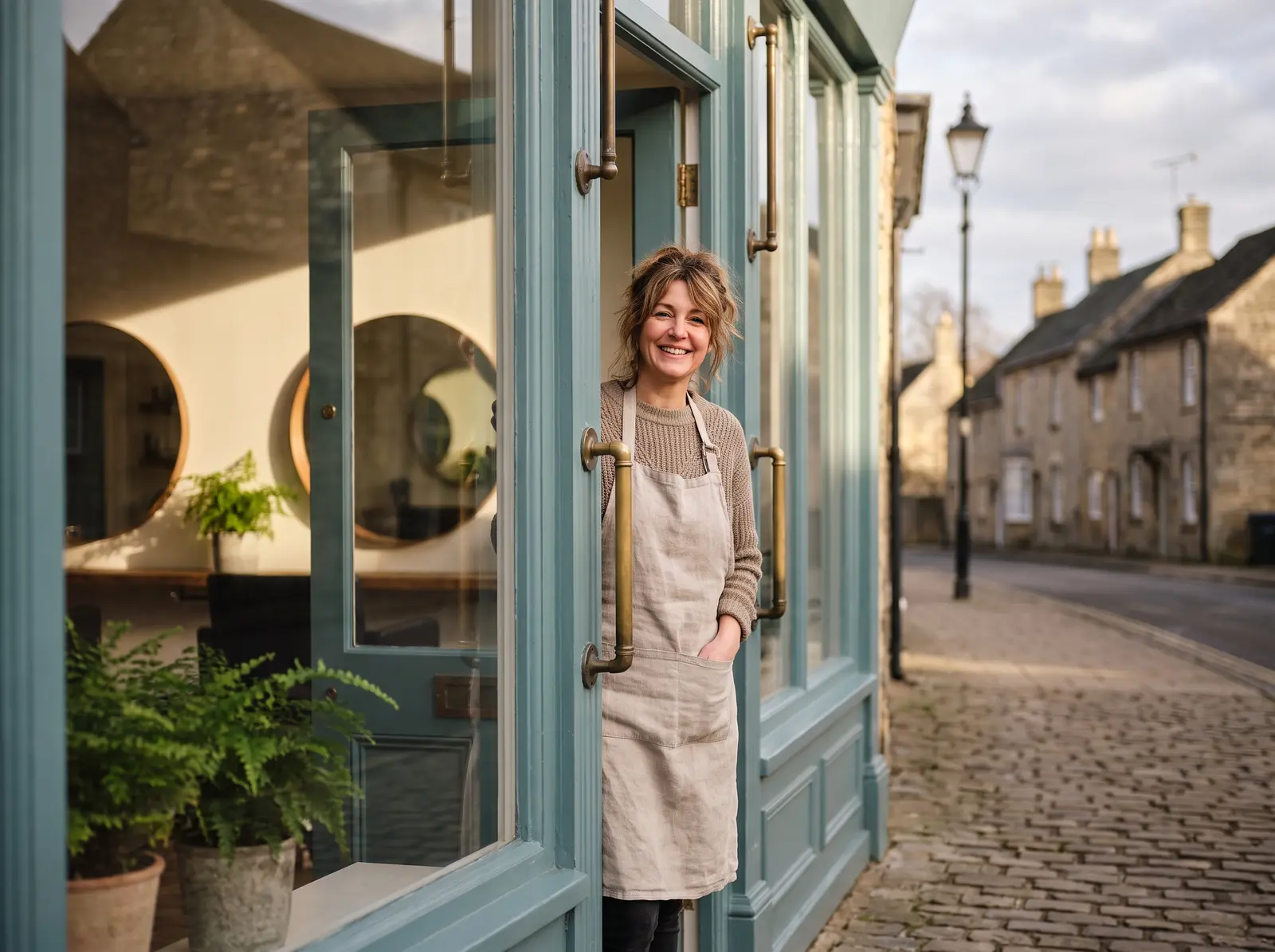 A smiling salon owner standing in the doorway of a green-painted shopfront
