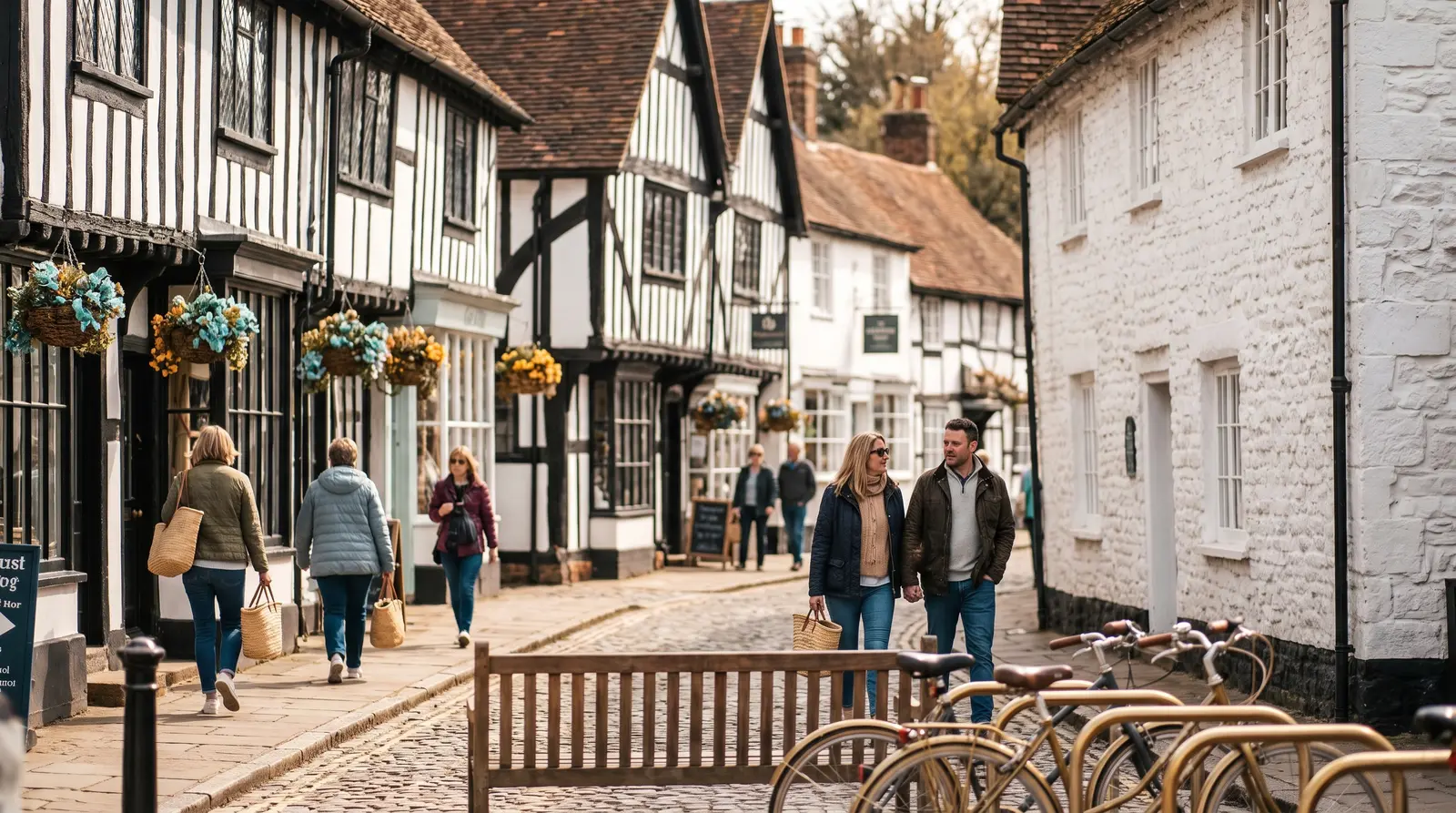 People browsing a village street with timbered shopfronts and parked bicycles