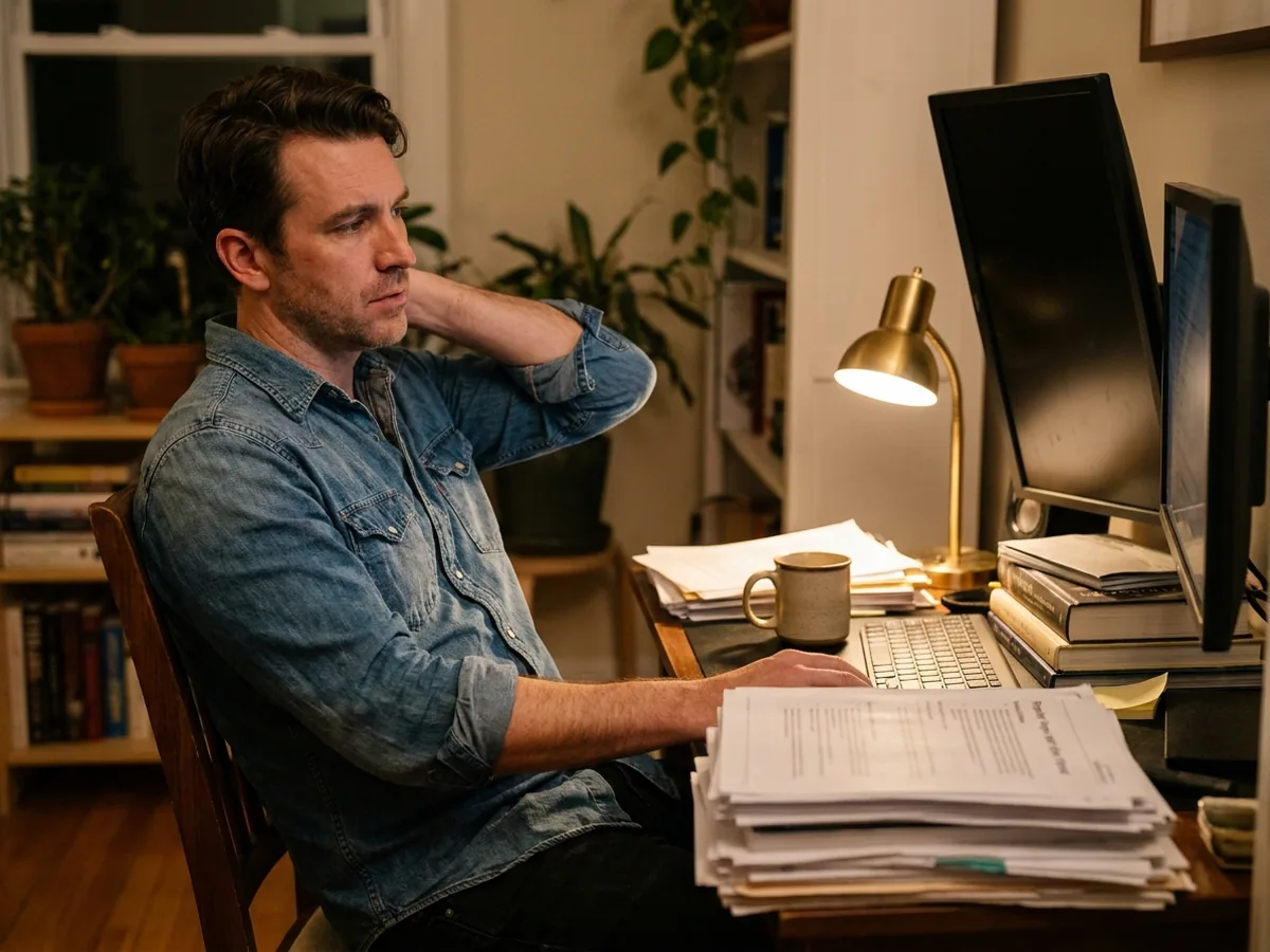 A freelancer working late at a home-office desk, leaning back in thought