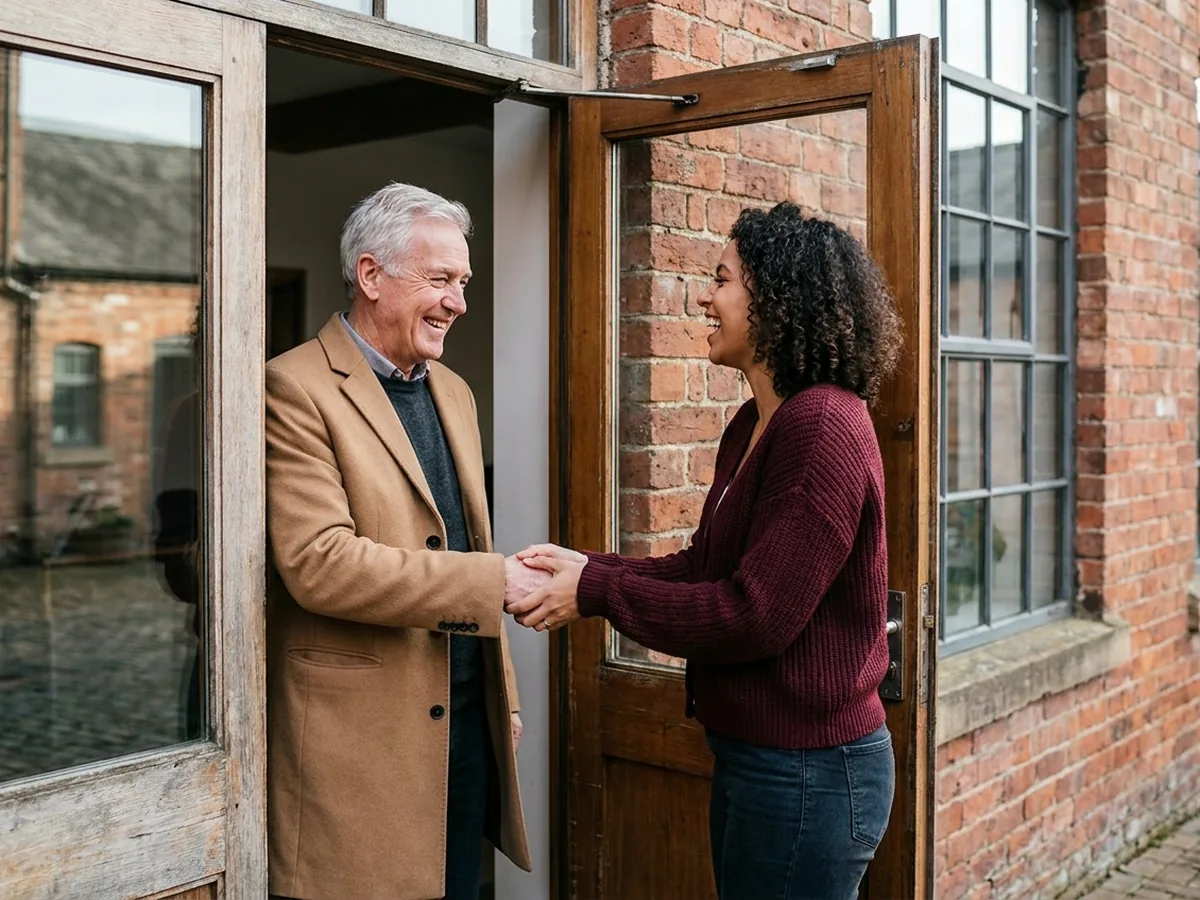 Two people shaking hands and laughing in the doorway of a small office