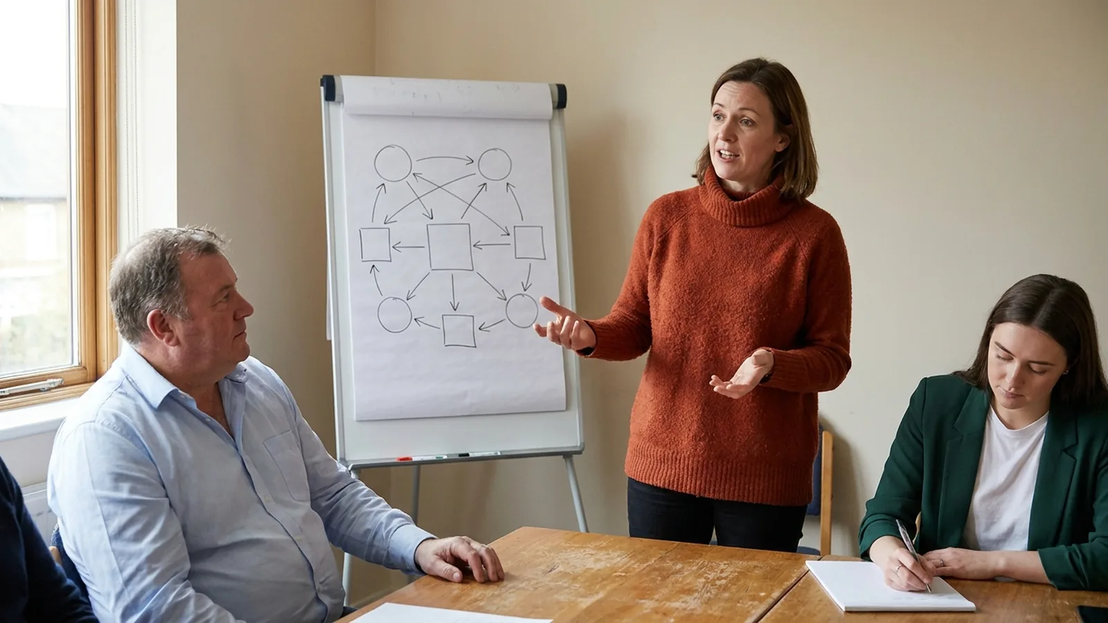 A trainer beside a flip chart explaining a diagram to two people in a meeting room