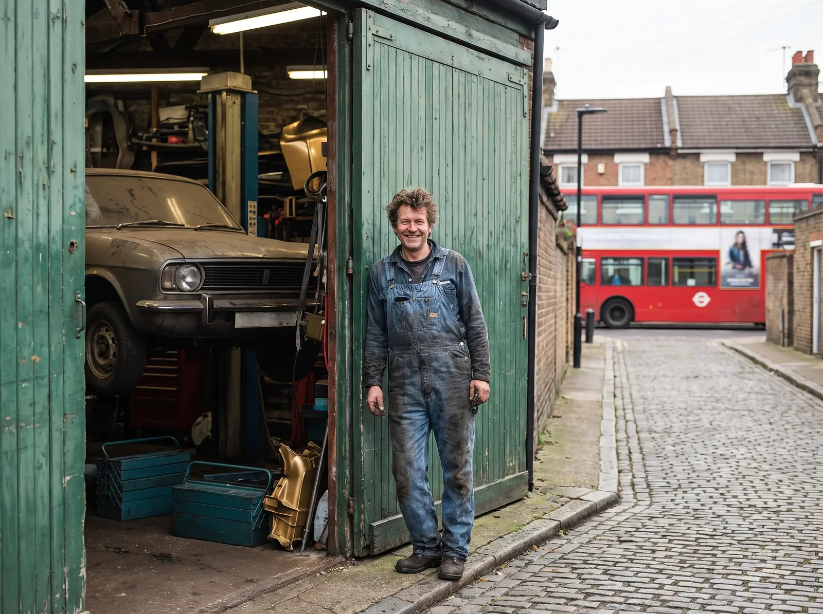 Illustrative scene of a mechanic standing in an open garage doorway beside a classic car