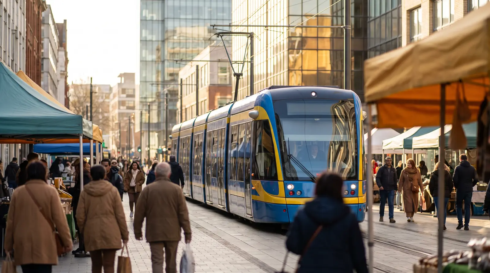 An illustrative town-centre scene with a tram, market stalls and people walking between shops