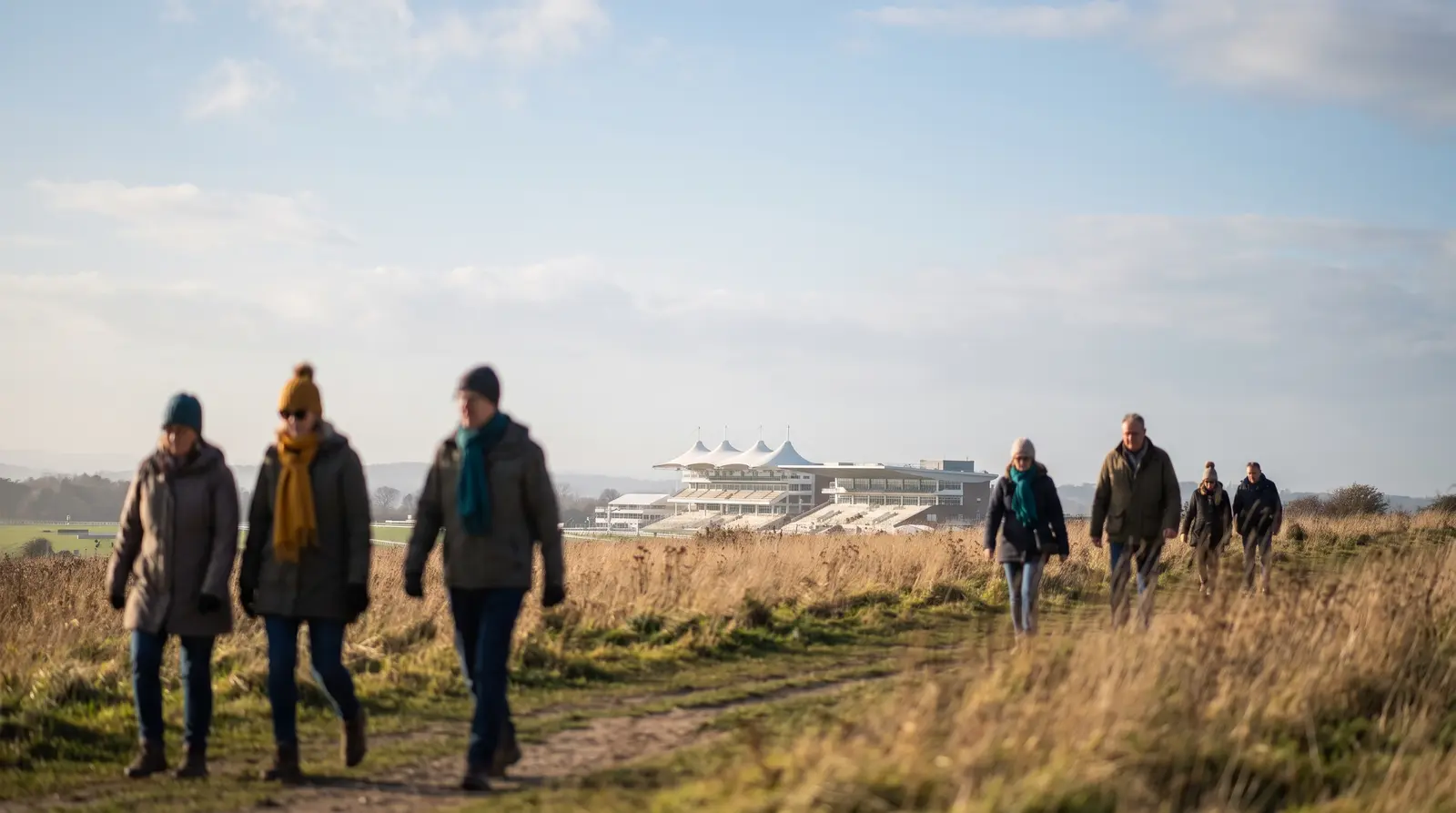 Illustrative scene of walkers on open downland with a racecourse grandstand behind them