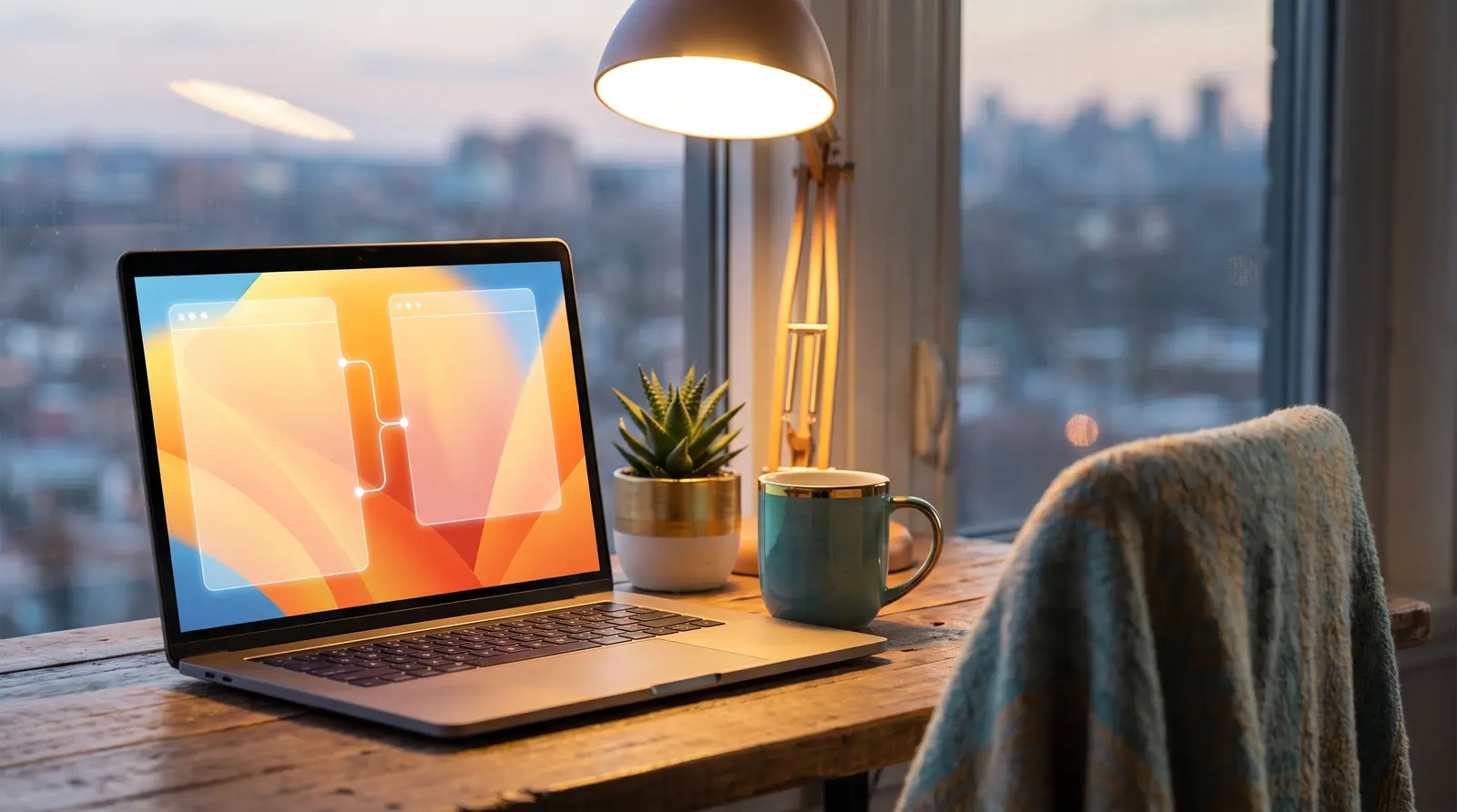 A laptop showing two connected pages on a wooden desk beside a lamp and a mug