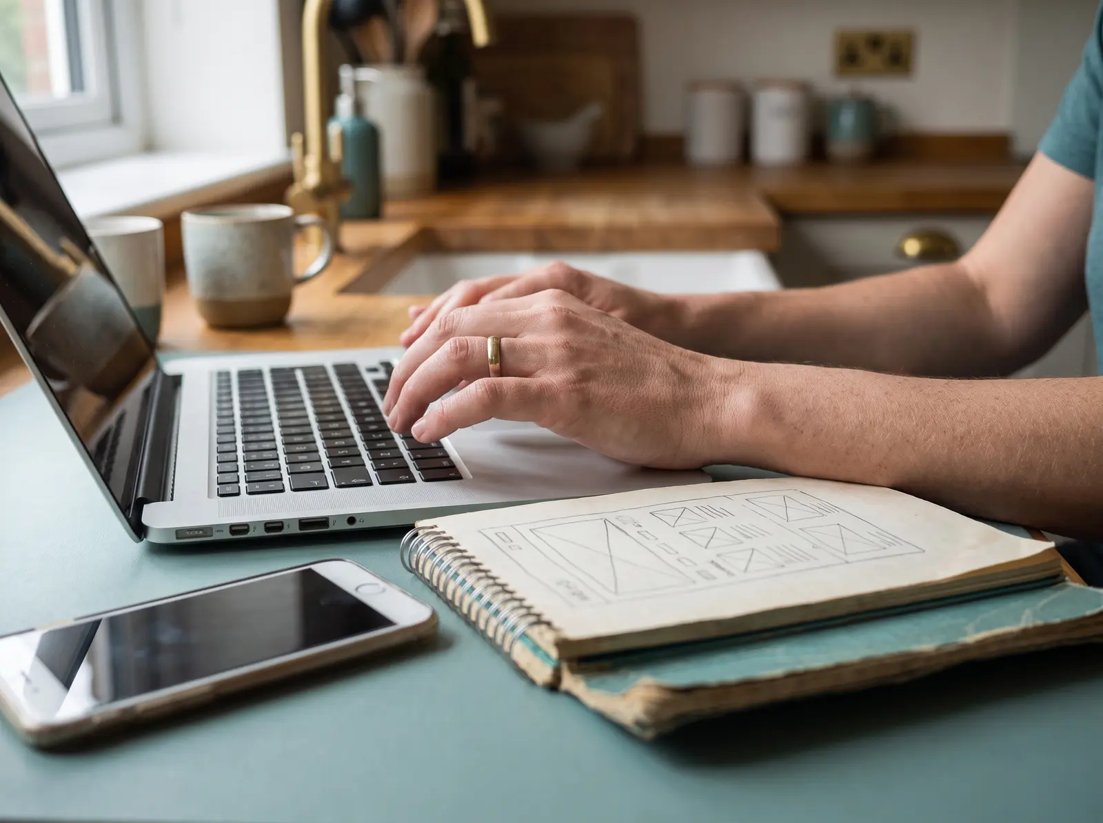 Someone updating a website on a laptop beside a notebook of page sketches