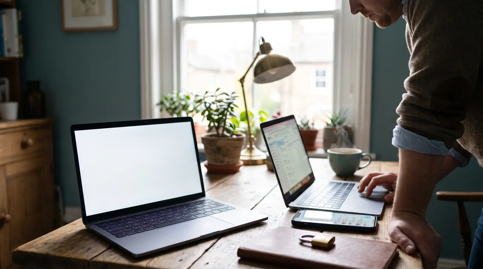 Two laptops and a phone on a wooden desk while someone works on a website