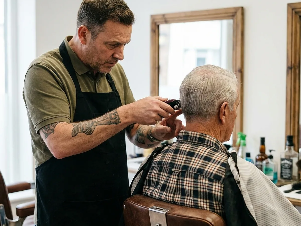 A barber trimming an older customer's hair in a small independent shop