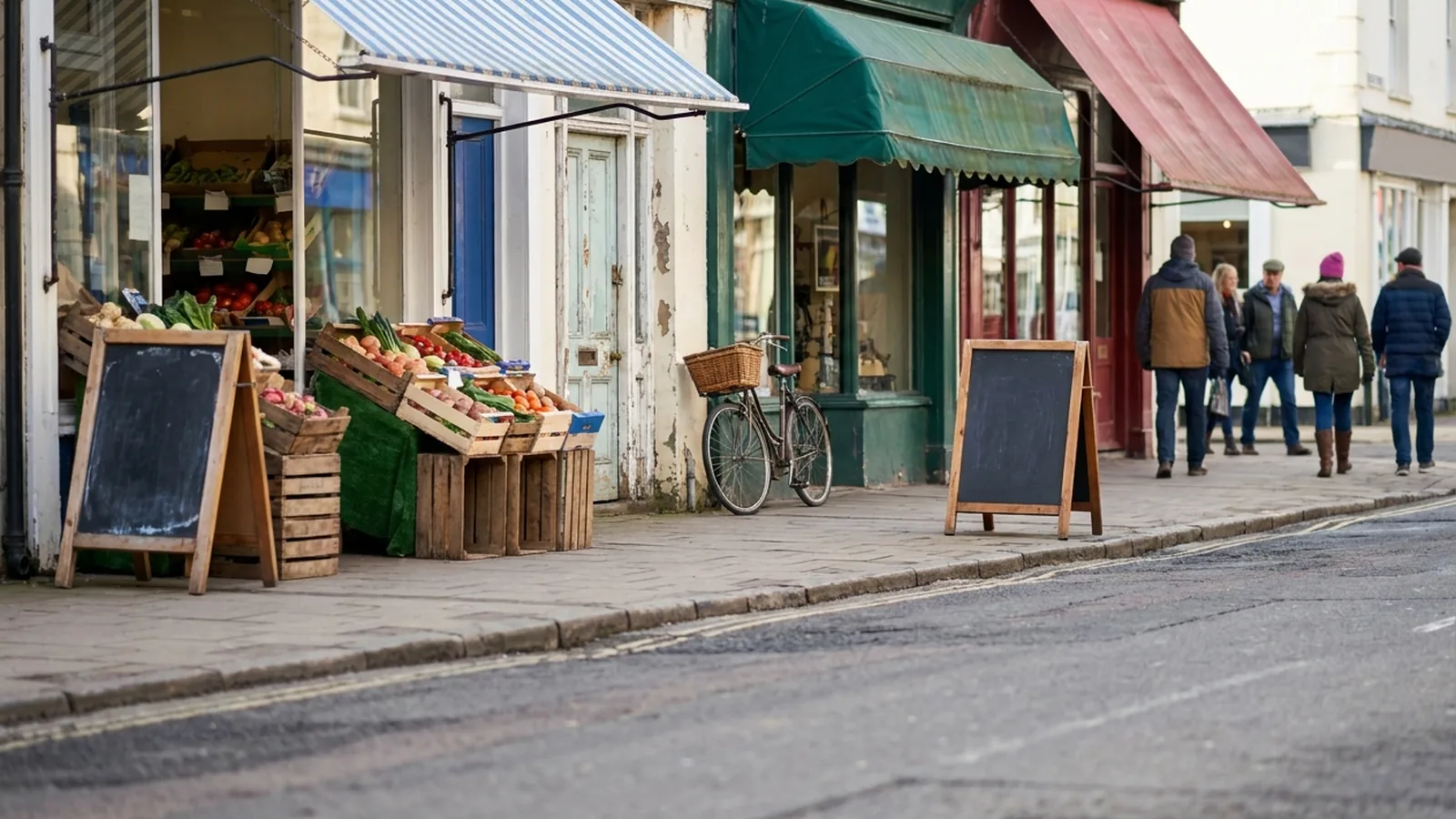 A row of small independent shopfronts on a British high street on a bright morning