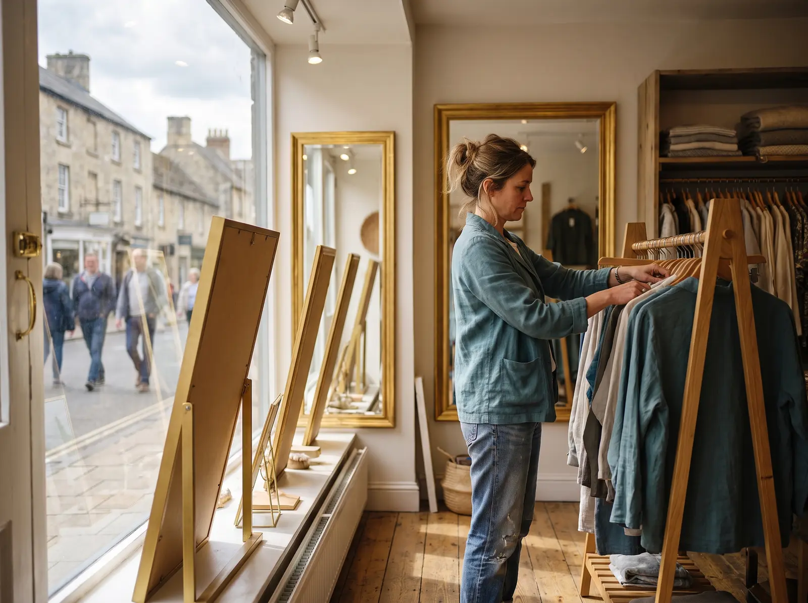 Illustrative scene of a woman arranging clothes in an independent boutique