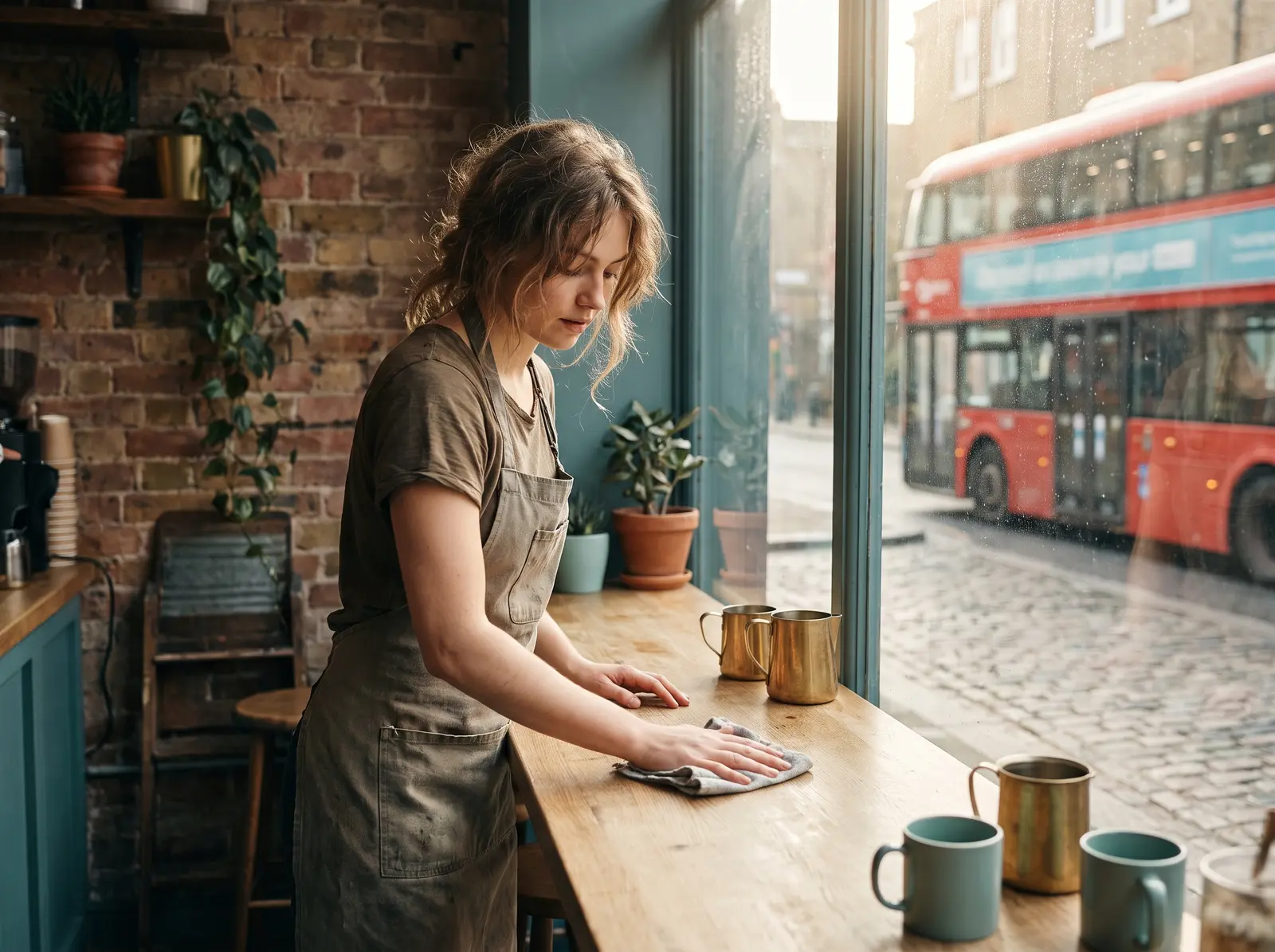 Illustrative scene of a café worker wiping a window counter as a red bus passes outside