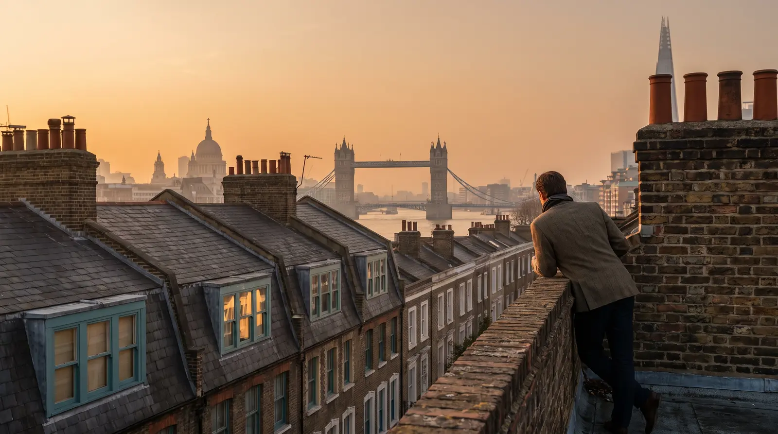 An illustrative London skyline at sunset, seen across rooftops towards the river