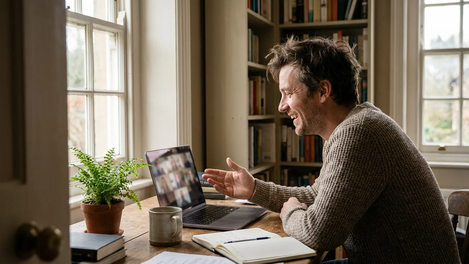 A man on a video call at a desk in a small home office