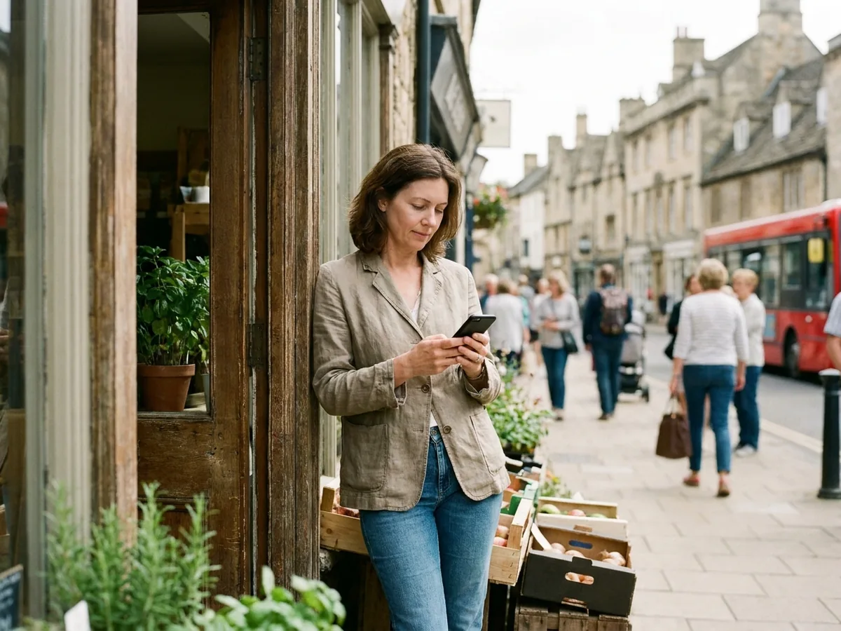 A shop owner checking her phone in the doorway of her shop