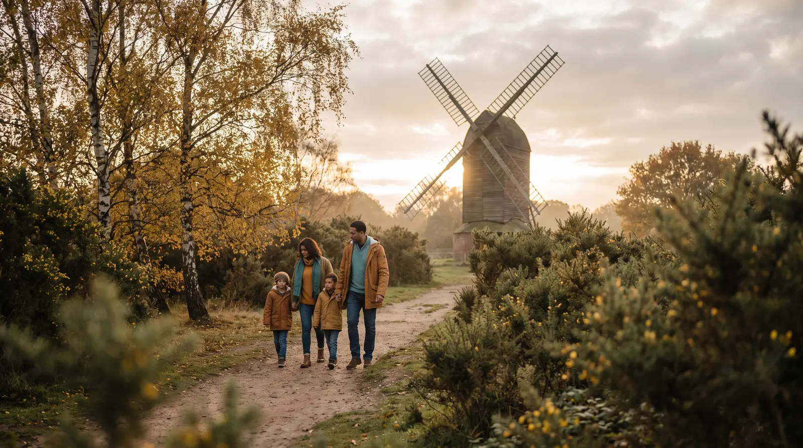 Illustrative scene of a family walking along a common path with a windmill behind them