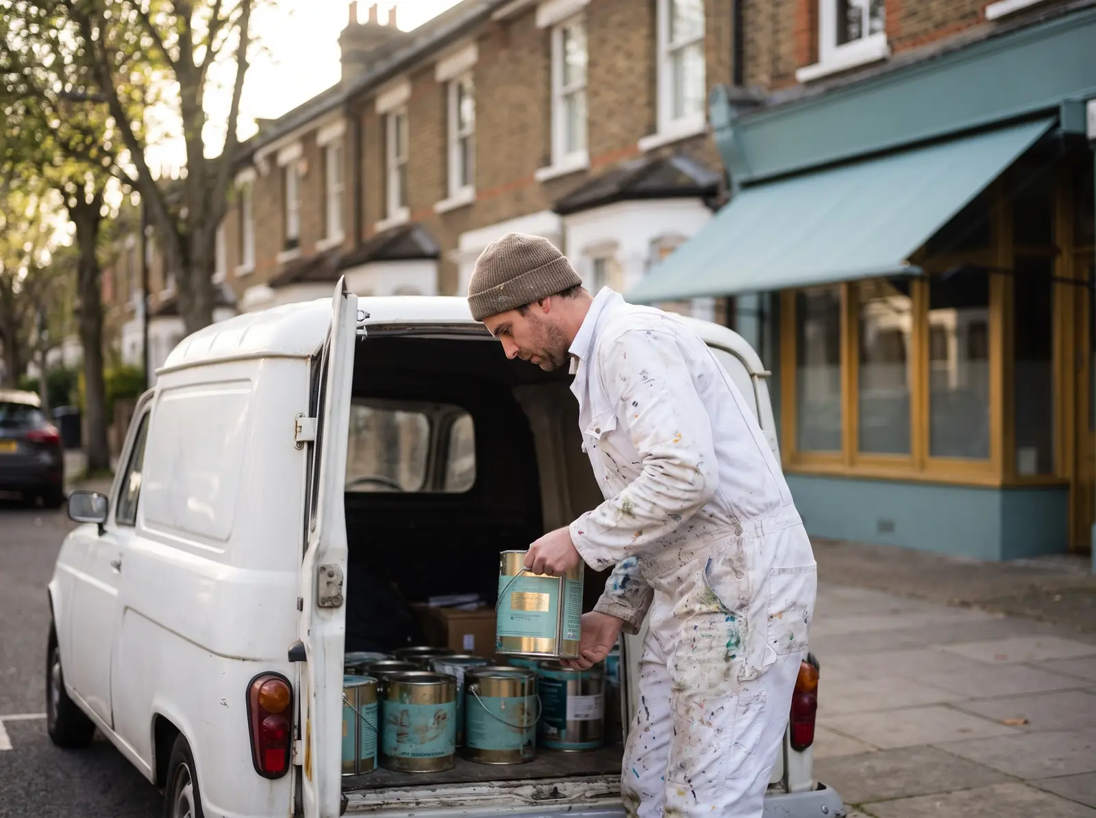 Illustrative scene of a decorator loading paint tins into a small white van