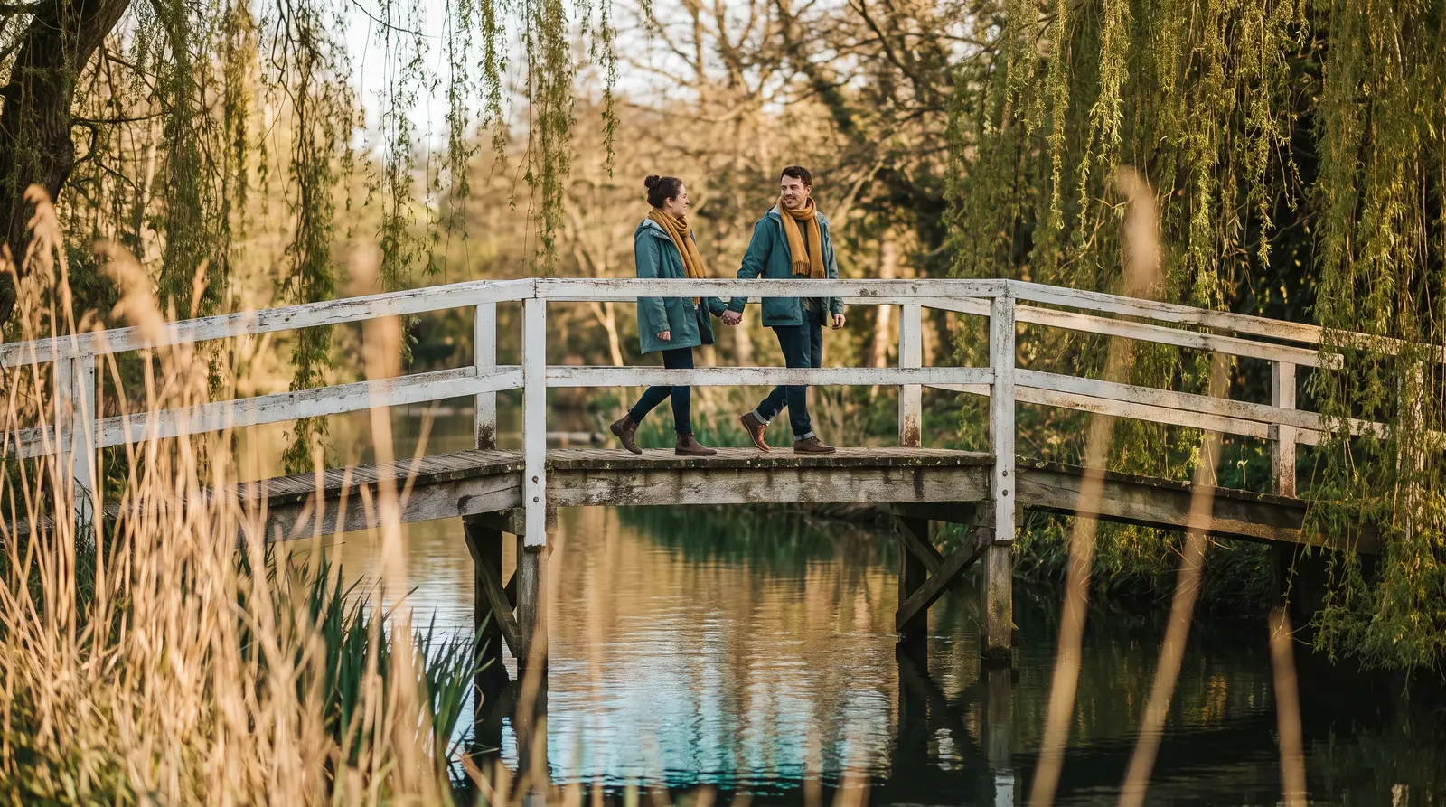 Illustrative scene of two people crossing a wooden footbridge beneath willow trees
