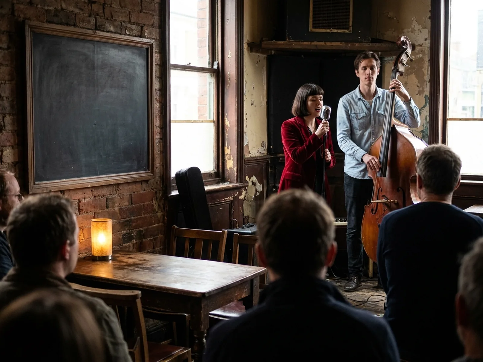 A singer and a double bass player performing to a small audience in a pub