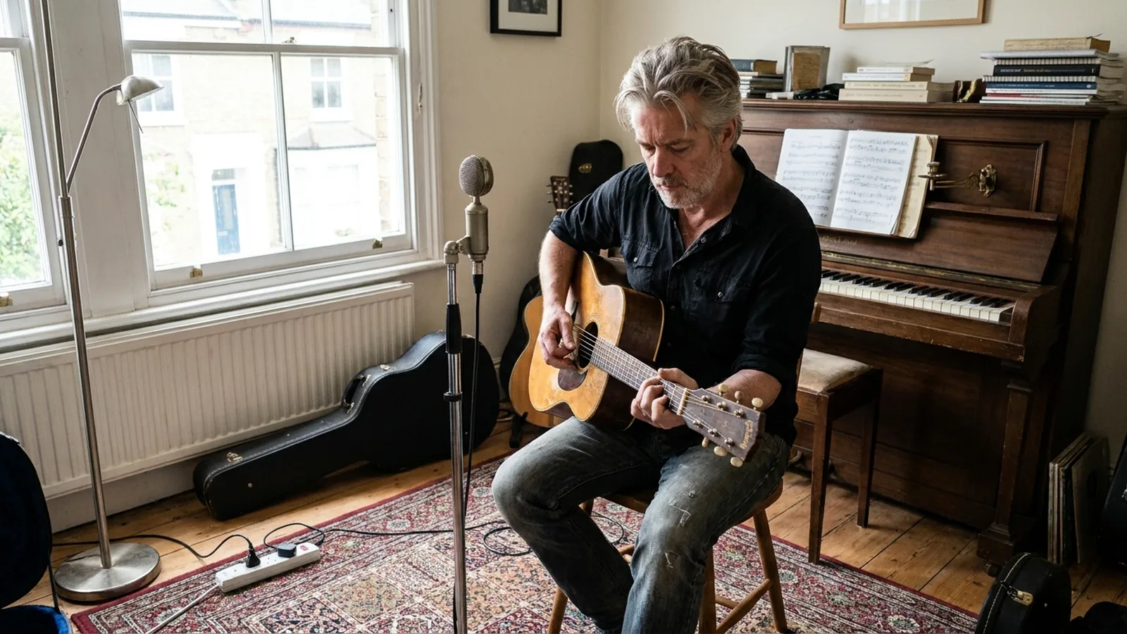 A musician playing an acoustic guitar beside a microphone and an upright piano at home