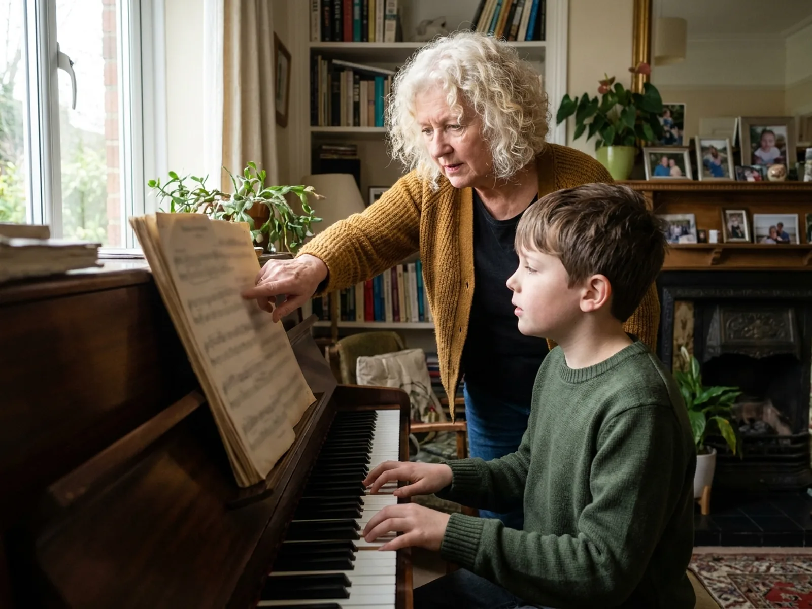 A piano teacher pointing at sheet music while a young pupil plays