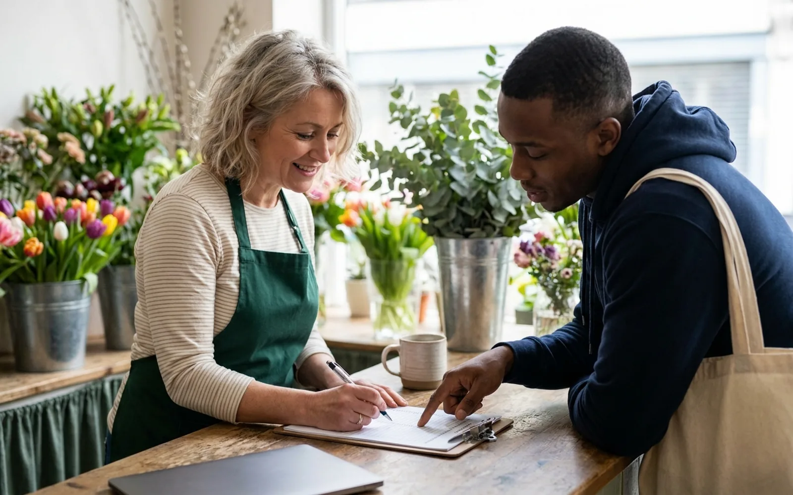 A florist and a customer at her shop counter, going through a booking sheet together