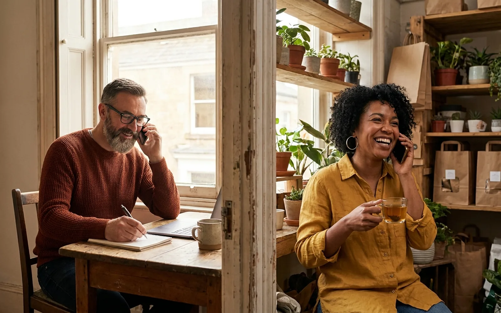 A support technician on a headset at his desk, helping a florist who is on the phone in her shop