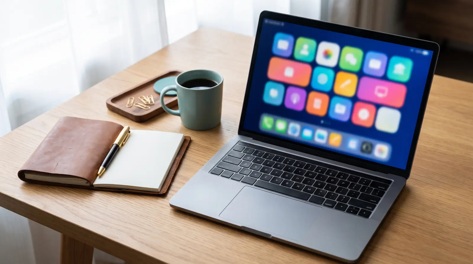 A laptop displaying colourful app tiles beside a notebook and coffee on a wooden desk