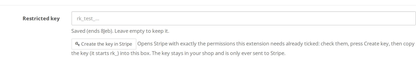 The extension's settings in the OpenCart admin: a Restricted key box and a Create the key in Stripe button