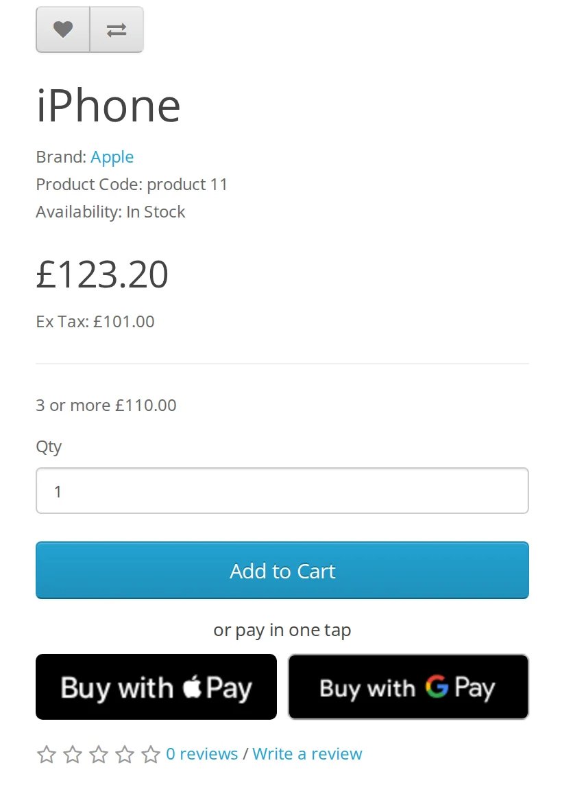 A product page with Add to Cart and, under it, Buy with Apple Pay and Buy with Google Pay buttons