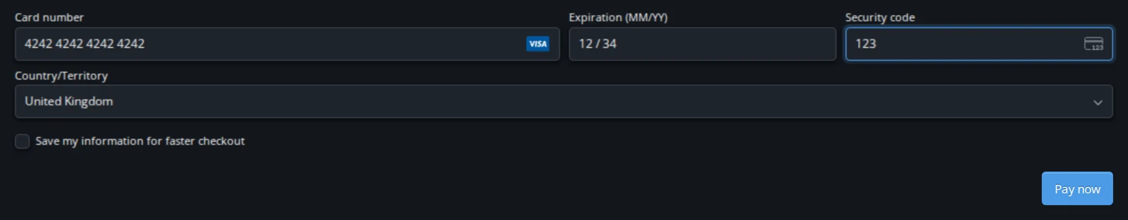 The card form at checkout: card number, expiry, security code, country, and a Pay now button