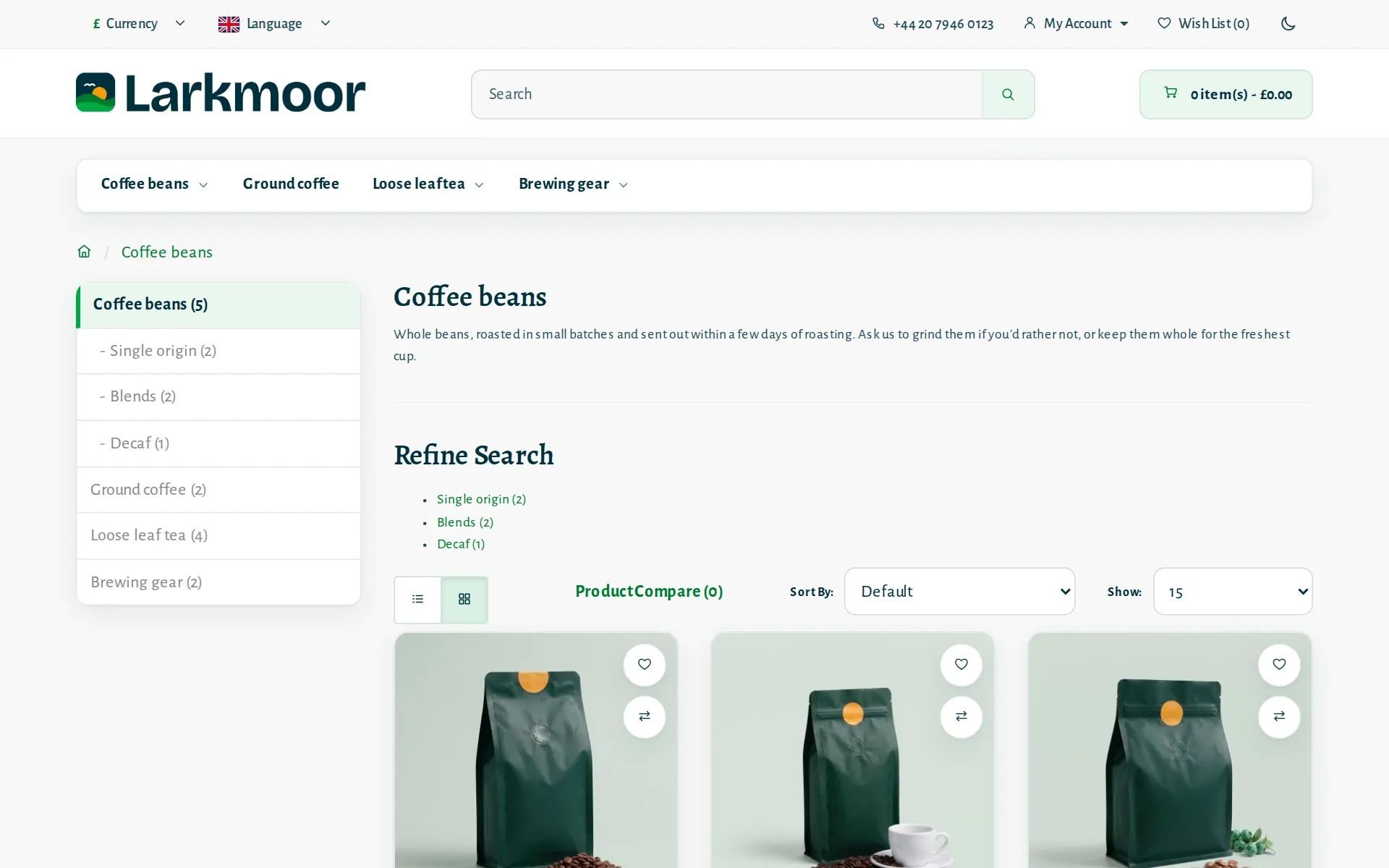 A category page in green with a serif heading and three coffee products