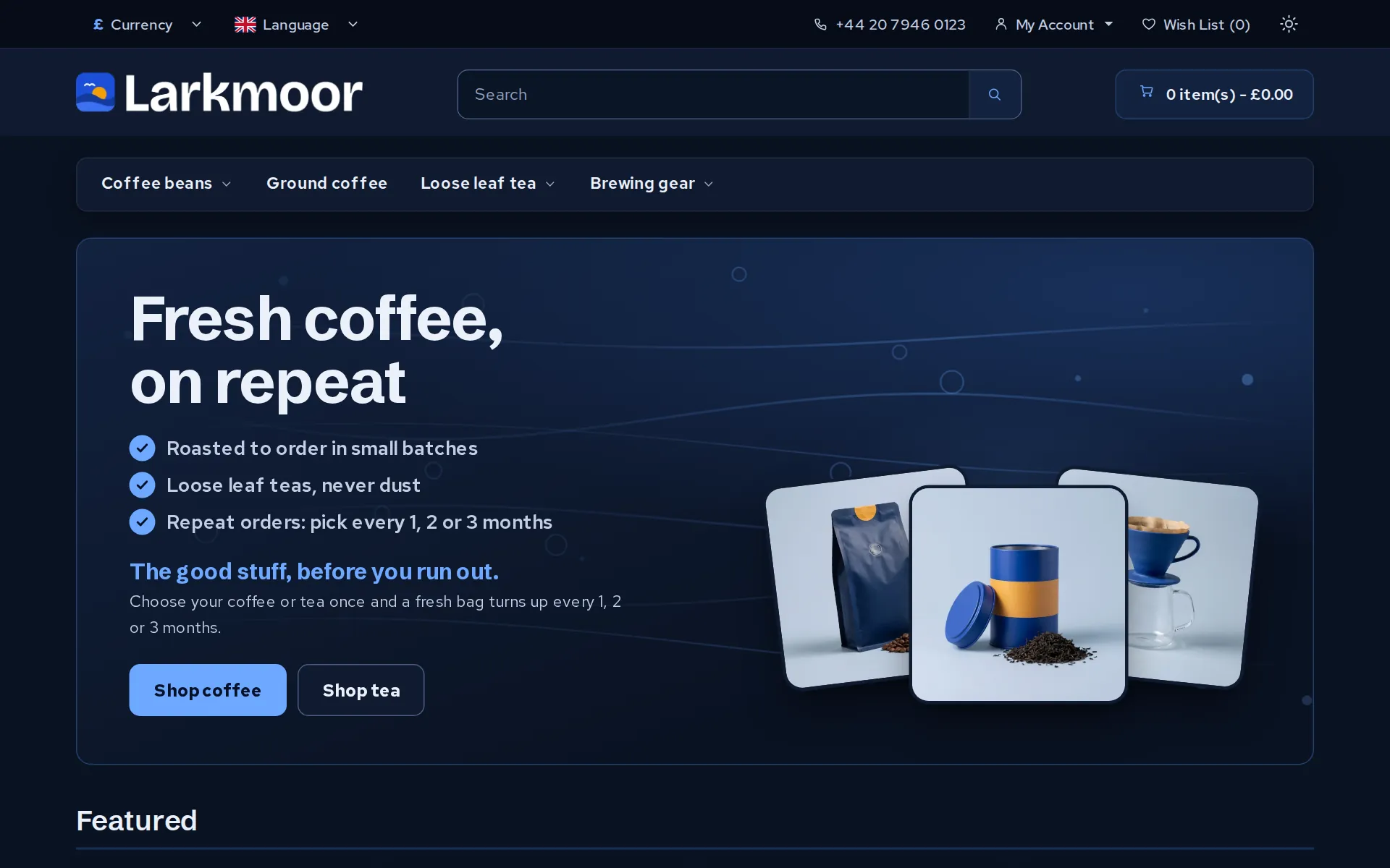 A coffee shop's home page in Fresh, dark mode, with a large banner and Shop coffee and Shop tea buttons