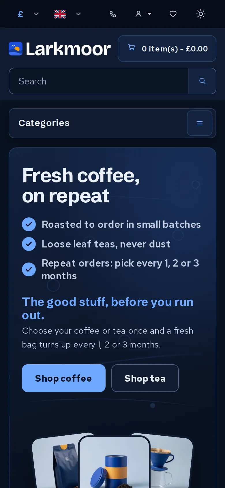 The home page on a phone in dark mode