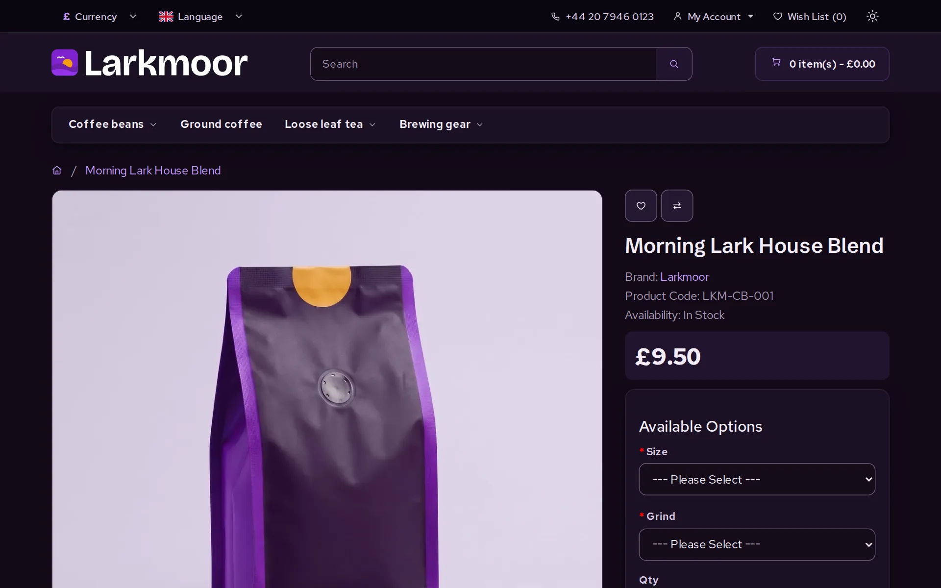 A product page in dark purple with a large product photo and a lilac Add to Cart button
