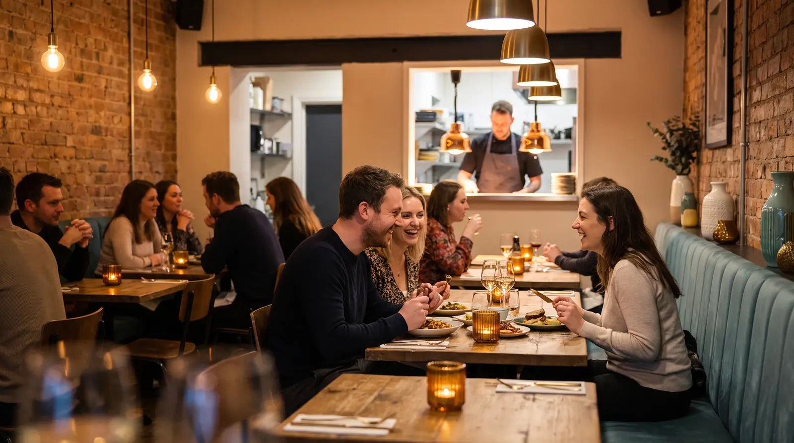 Diners at wooden tables in a warmly lit restaurant with an open kitchen